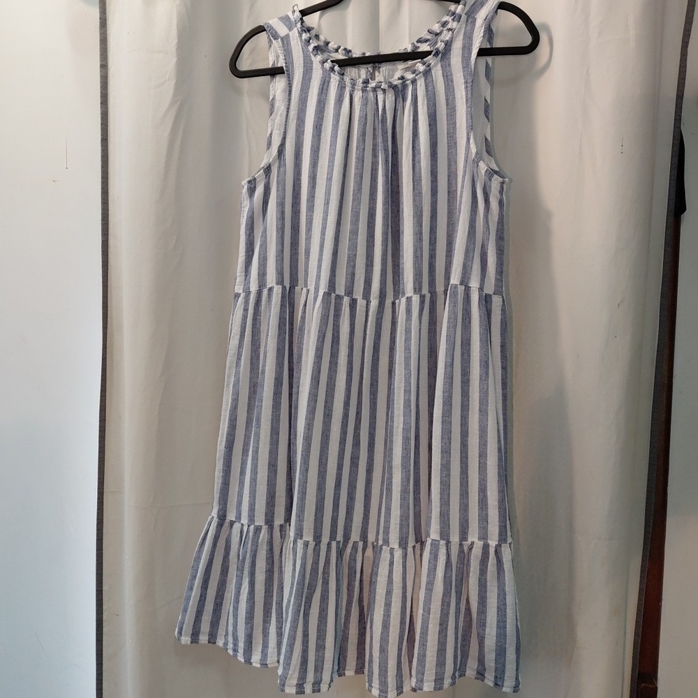 Beachy Blue Striped Sleeveless Tiered Ruffled  Neck Linen Blend Nautical Sz Med